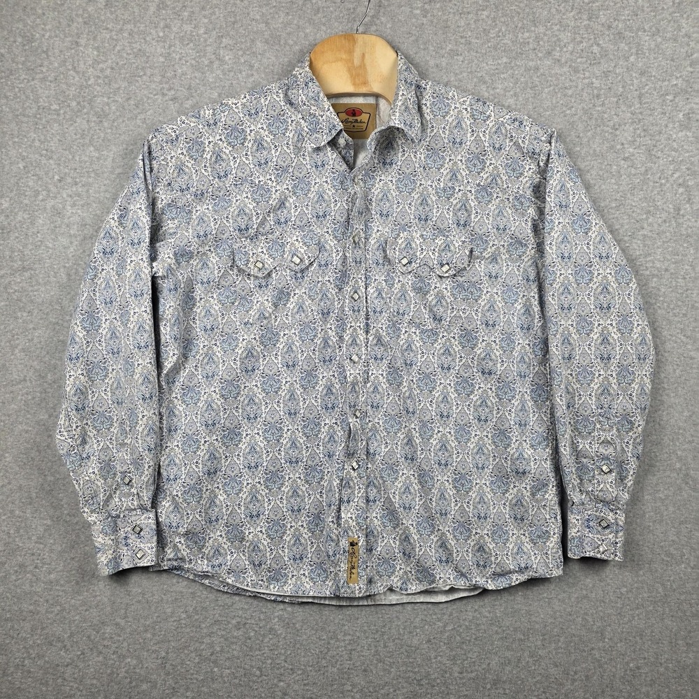 Larry Mahan Shirt Mens 2XL Blue Paisley Western Pearl Snap Long Sleeve